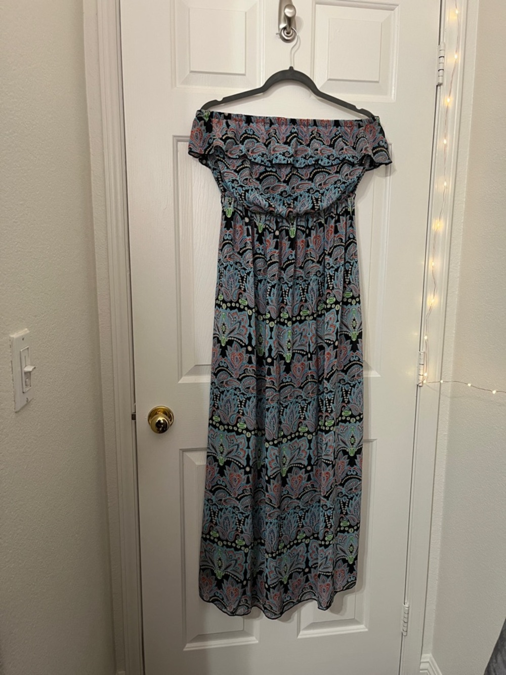 Strapless Paisley Sheer Chiffon Maxi Dress in Turquoise and Coral